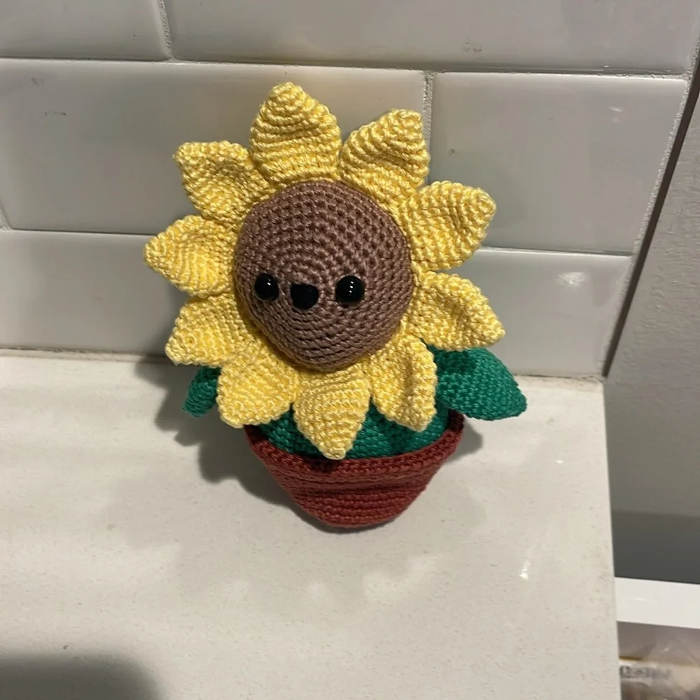 Flower Child Sunflower Bear Hand Crafted Figure and Pot Amigurumi Crochet Decor - Picture 3 of 13